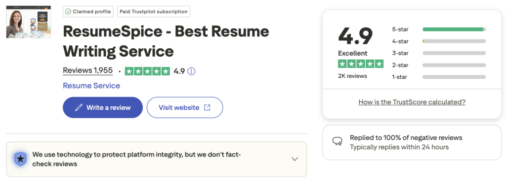 ResumeSpice Trustpilot ratings
