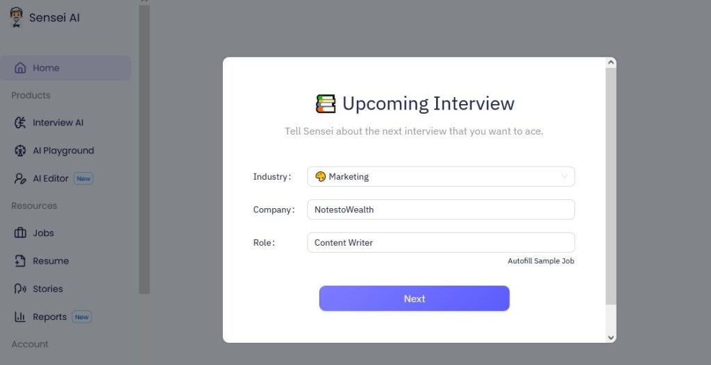 Sensei's pop-up box for filling in job details