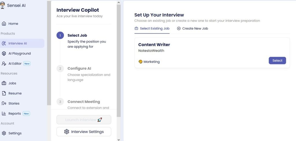 Sensei interview Copilot dashboard