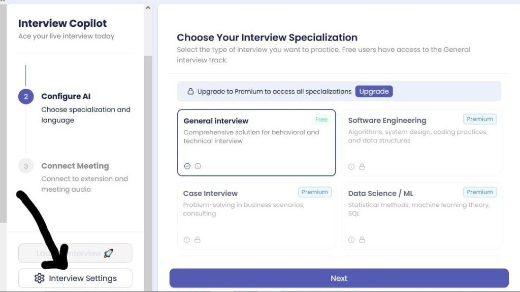 Sensei AI screenshot showing where users can click to adjust the interview settings