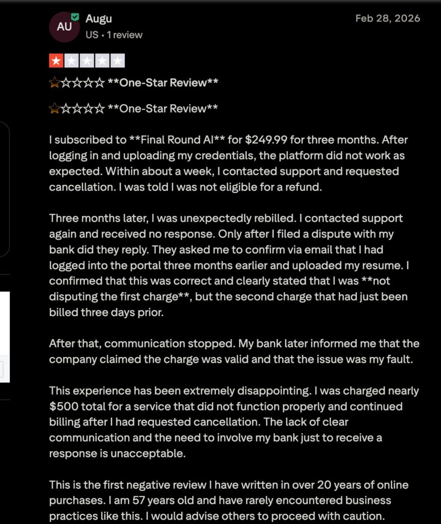 final round ai trustpilot screenshot