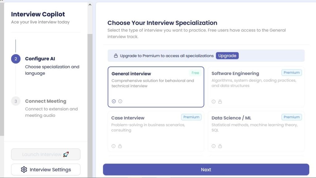 Sensei Copilot dashboard for interview configuration