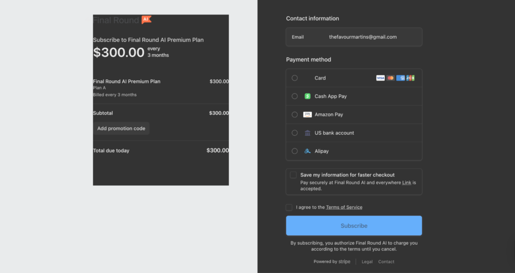 final round ai website screenshot - pricing