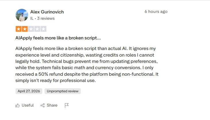 aiapply trustpilot negative review